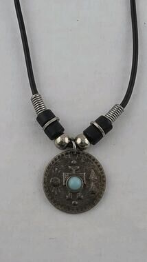 Vintage Silver Kachina Aztec Pendant Turquoise Center 16" Leather Necklace